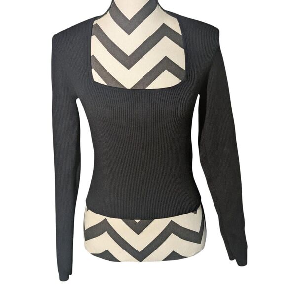Open Edit Black Ribbed Knit Square Neck Long Sleeve Top M - Picture 1 of 5